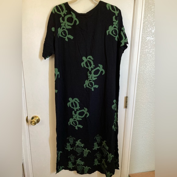 🌞Sunset Rose Short Sleeve Black w/Green Turtle Hawaiian Style Maxi Dress A - Picture 6 of 6